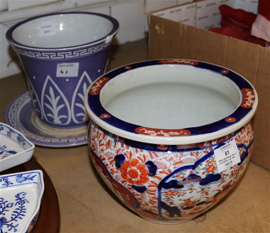 Imari jardiniere and a Victorian lilac and white jardiniere on stand (a.f) (3)